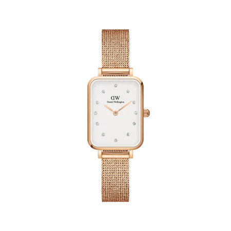 Daniel Wellington square watch with a pink strap and white dial