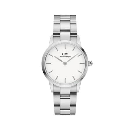 Daniel Wellington watch featuring a round shape, a silver strap, and a white dial.