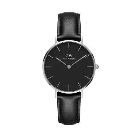 Daniel Wellington watch featuring a round design, black leather strap, and black dial.
