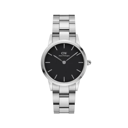 Daniel Wellington watch featuring a round shape, a silver strap, and a black dial.