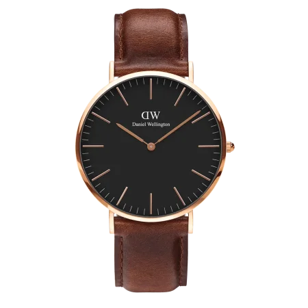 Daniel Wellington watch featuring a round design, brown leather strap, and black dial.