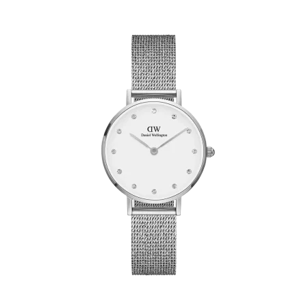 Daniel Wellington square watch with a white strap and a mother-of-pearl dial.