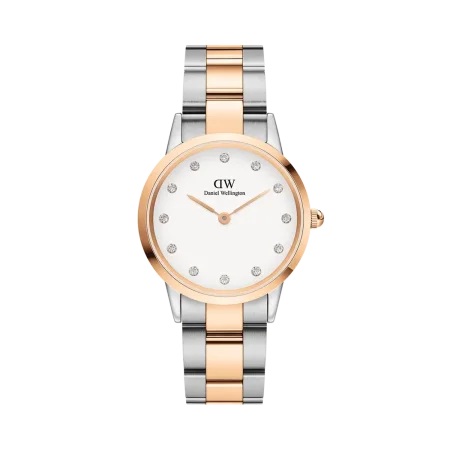 Daniel Wellington square watch with a white and rose strap and white dial.