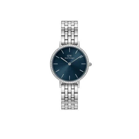 Daniel Wellington square watch with a silver strap and blue dial