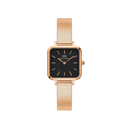 Daniel Wellington square watch with a rose strap and black dial.