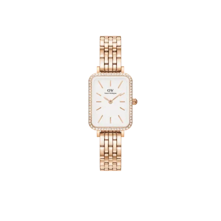 Daniel Wellington square watch with a pink strap and white dial